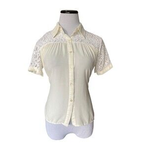 Vintage Romantic Lace Yoke Button Down Blouse Size S Cream Tie Back Bridgerton